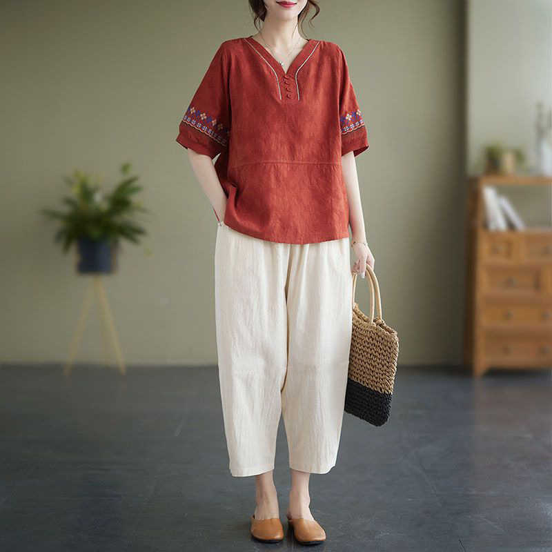 Retro Ethnic Style Middle-Aged and Elderly Mothers' Summer Cotton and Linen Loose Mid-Sleeve Collar Tops Wide-Leg Pants Two-Piece Set for Women