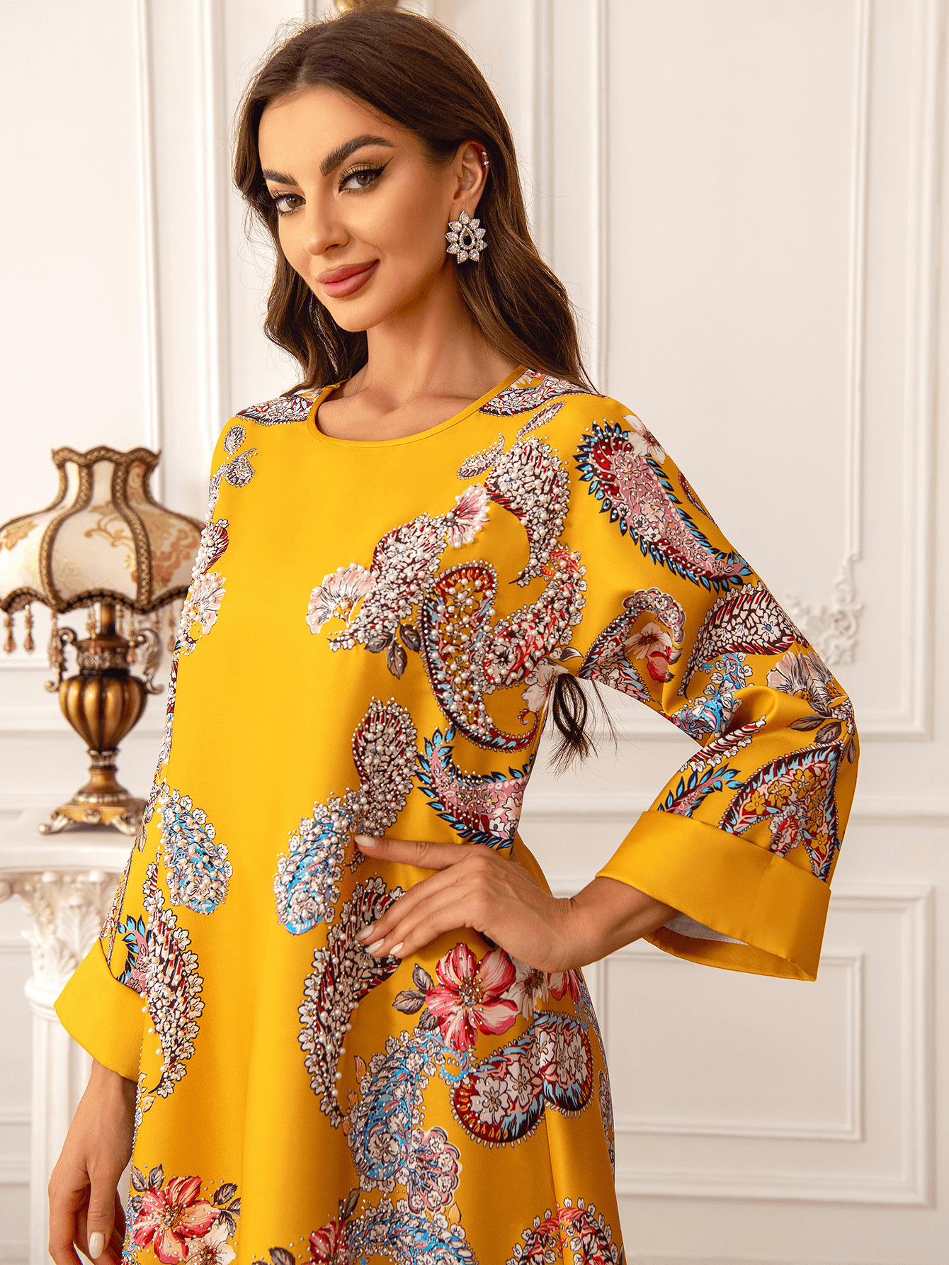 2405 Middle Eastern European Cross-border Muslim Women's Long-sleeved Floral Dress With Beading Rhinestones, Elegant And_ecoleips.com