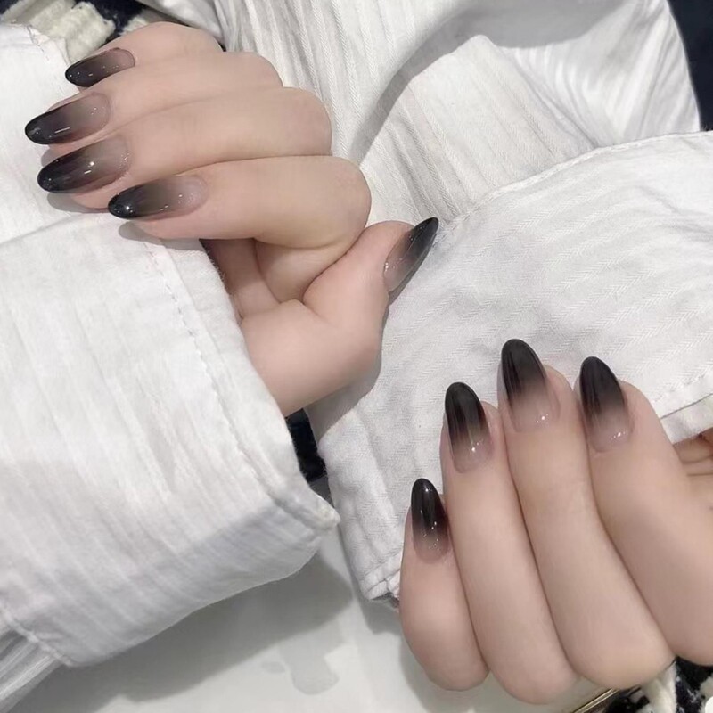 Medium Almond False Nails Black Gradient Glossy Acrylic Nail Full Cover Artificial Halloween Stick for Women