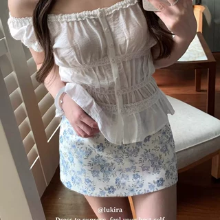 法式浪漫蓝色碎花a字半身裙女夏季新款高腰显瘦小个子包臀短裙子