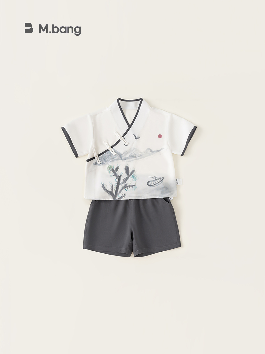 Bangchoan ropa infantil para niños, traje de verano, chaqueta de estilo nacional, pantalones cortos de mangas cortas, ropa infantil de dos piezas