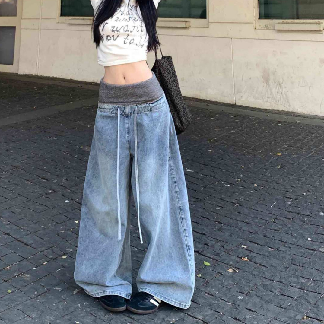 大码美式复古水洗毛线拼接牛仔裤女辣妹设计感宽松慵懒阔腿拖地裤