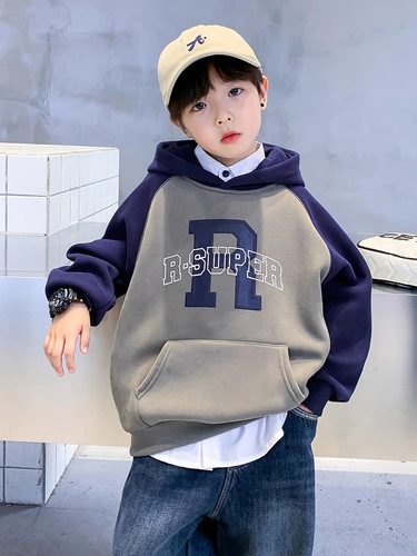 Children's Spring and Autumn Medium Boys' Korean Style Casual Loose Letter Hoodie Stylish Trendy