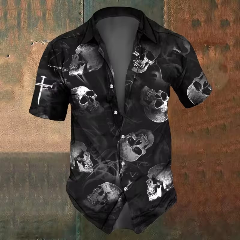 Personalidad Thriller Mist Skull 3D Impresión digital Camisa suelta de manga corta con solapa de botón de la calle de verano para hombres