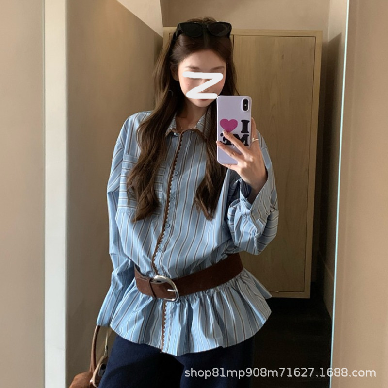 跨境撞色条纹长袖风情万种的衬衫女春秋休闲宽松衬衣POLO领上衣女|undefined