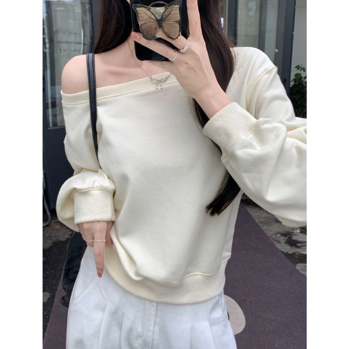 美式慵懒斜肩卫衣女秋冬季2025新款松弛感oversize甜辣妹长袖上衣|undefined