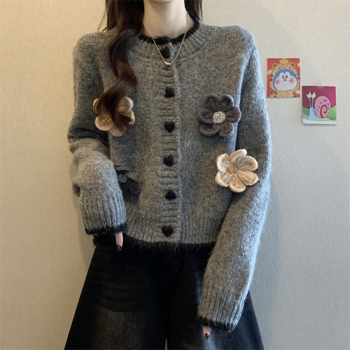 2025 otoño y invierno nuevo estilo coreano tridimensional gancho flor de punto Cardigan amor botón suéter retro chaqueta de chaqueta de comercio exterior mujeres image 8