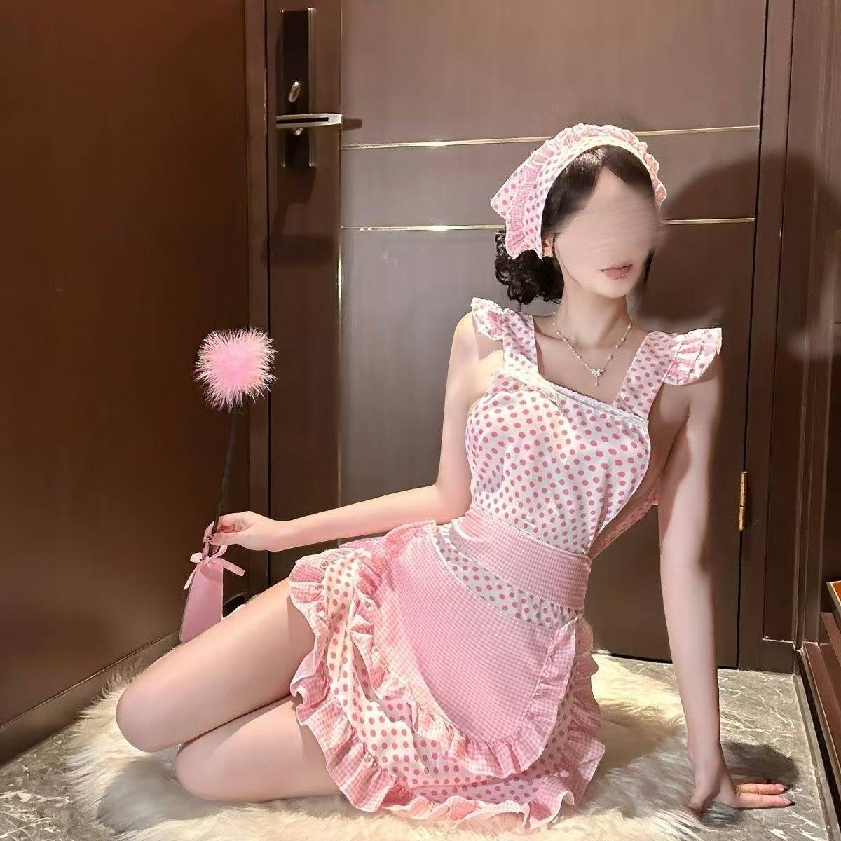 Pink Polka Dot Maid Apron Set with Headscarf, Sheer Polyester Roleplay Uniform — detail image 2