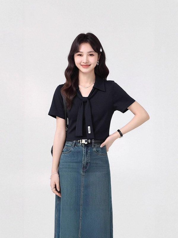 系带V领短袖t恤打底衫女夏季2025大码胖mm显瘦设计感法式短款上衣|undefined