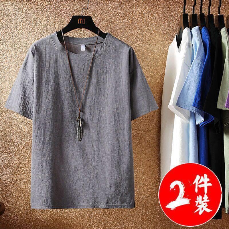 Cotton Linen Short-sleeved T-shirt Men's Loose Round Neck Chinese Style Retro Trendy Brand plus size Solid Color Base Shirt Men's Top T-shirt