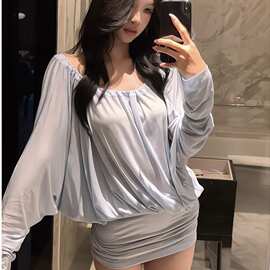 大码蓝色一字肩长袖连衣裙女显瘦收腰裙子蝙蝠袖纯欲辣妹包臀短裙