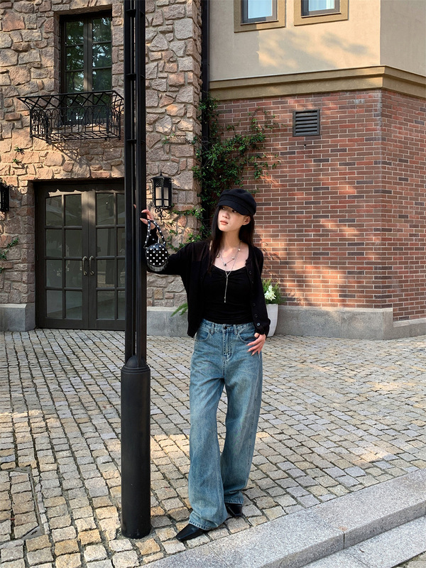 誉一新款2025秋季美式高街直筒牛仔裤女ins个性口袋休闲裤女a9038|undefined
