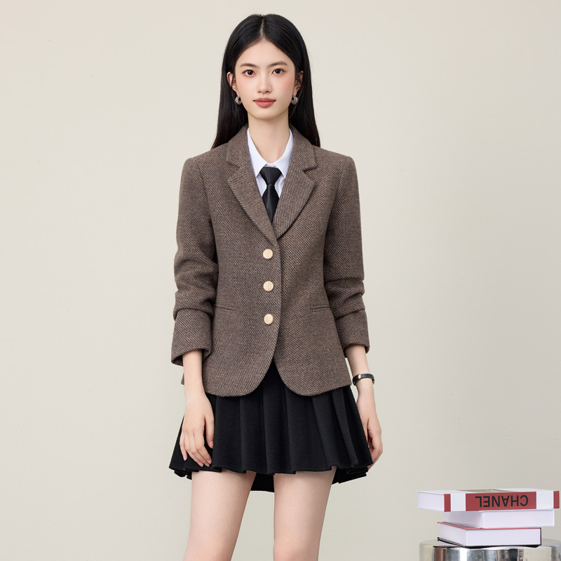 Autumn and Winter Long-Sleeved Slim Short Suit Fashionable Temperament Small Suit Jacket Casual Commuting Tweed Top Cross-Border