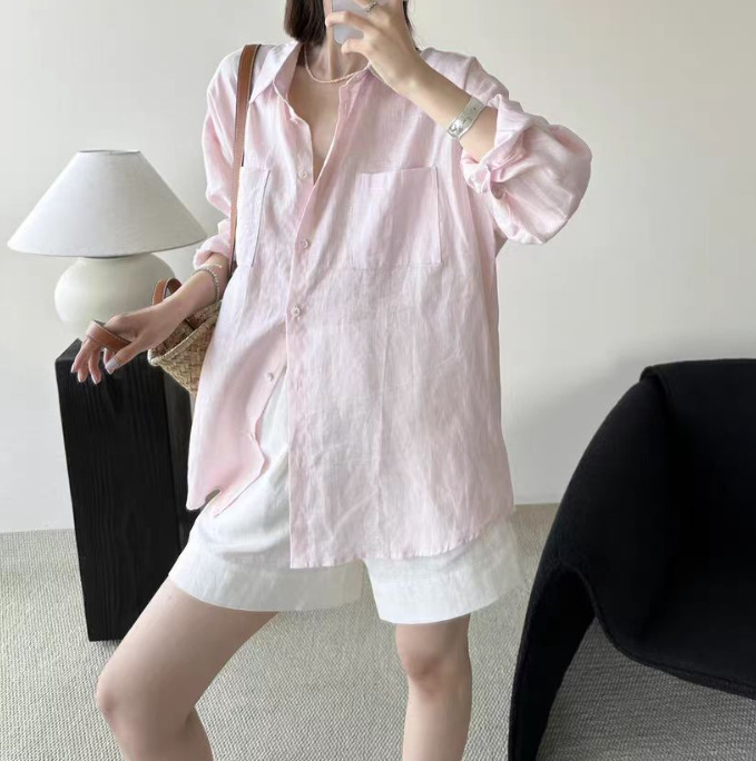이른 봄 핑크 셔츠 코트 여성의 2025 봄과 가을 느슨한 게으른 스타일 디자인 감각 틈새 긴팔 탑 작은 셔츠