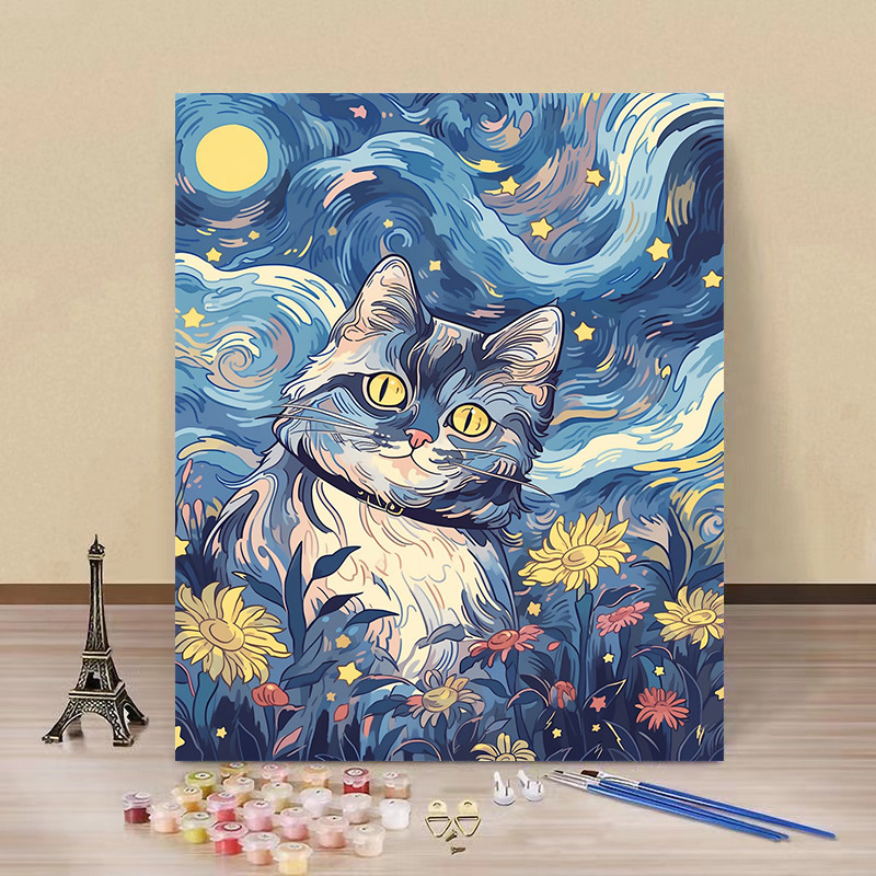 Pintura por números “Gato Estrellado” — arte DIY de fábrica al por mayor, estilo Van Gogh, flores y paisajes hechos a mano
