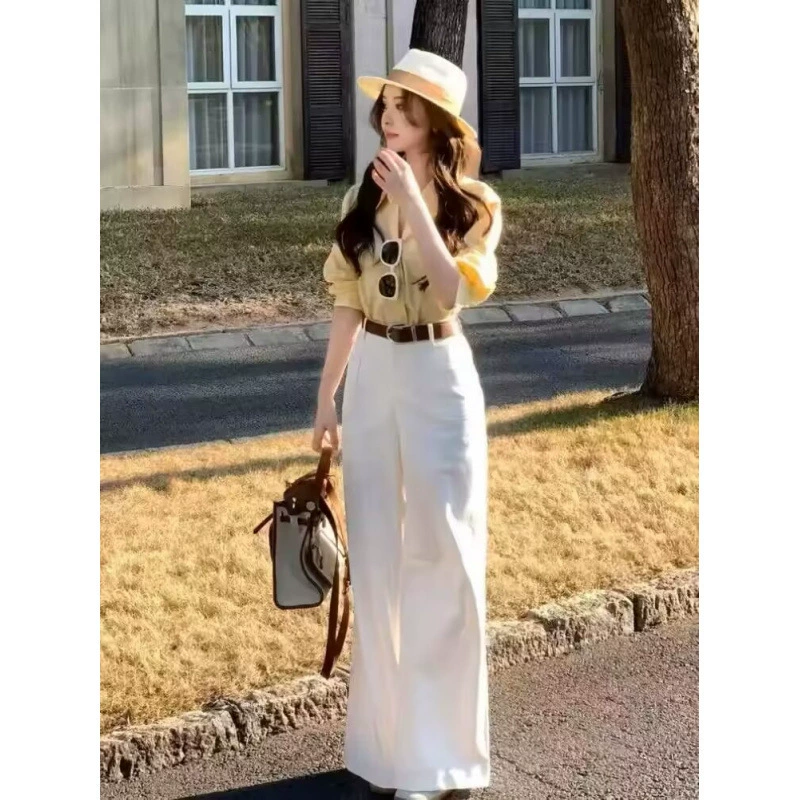 Весеняя желтая белая рубашка, брюки, комплект