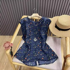 现货夏季棉麻印花木耳领无袖小衫后排扣宽松百搭复古文艺衬衫上衣