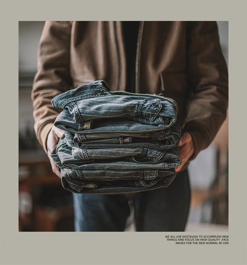 Herren Denim Hemd Japanischer Retro Style Langarm Gestreift_voghion.com