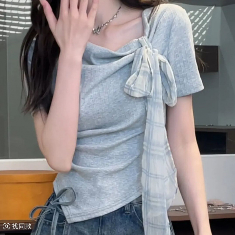 卸売【オリジナル生地】ブルー右肩Tシャツ半袖レディース夏不規則フレンチショートスタイルお腹カバー痩身|undefined