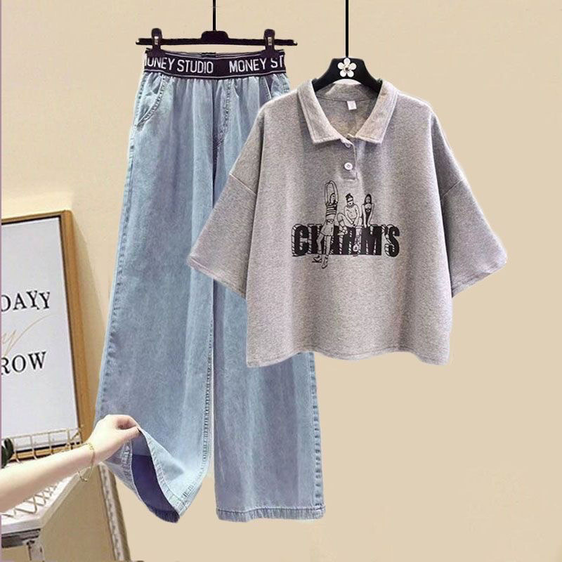 Summer New Arrival suit Female Students Korean Style Loose College Style Short-Sleeved T-Shirt Denim Loose Waist Wide-Leg Pants suit Summer New Arrival suit Female Students Korean Style Loose College Style Short-Sleeved T-Shirt Denim Loose Waist Wide-Leg Pants suit