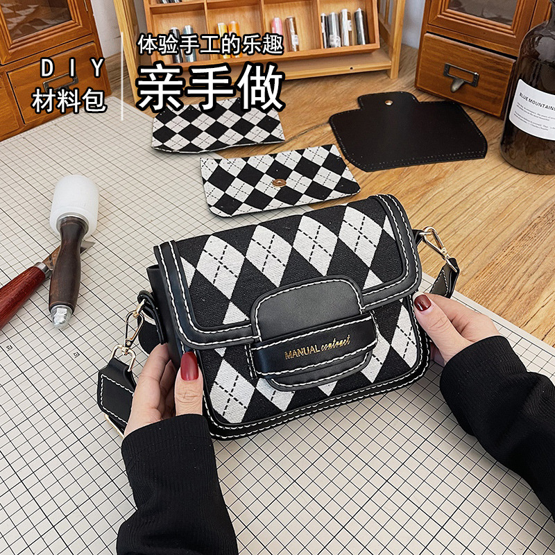撞色小包包女包新款秋冬单肩斜挎包菱格小众小方包材料包手工包潮