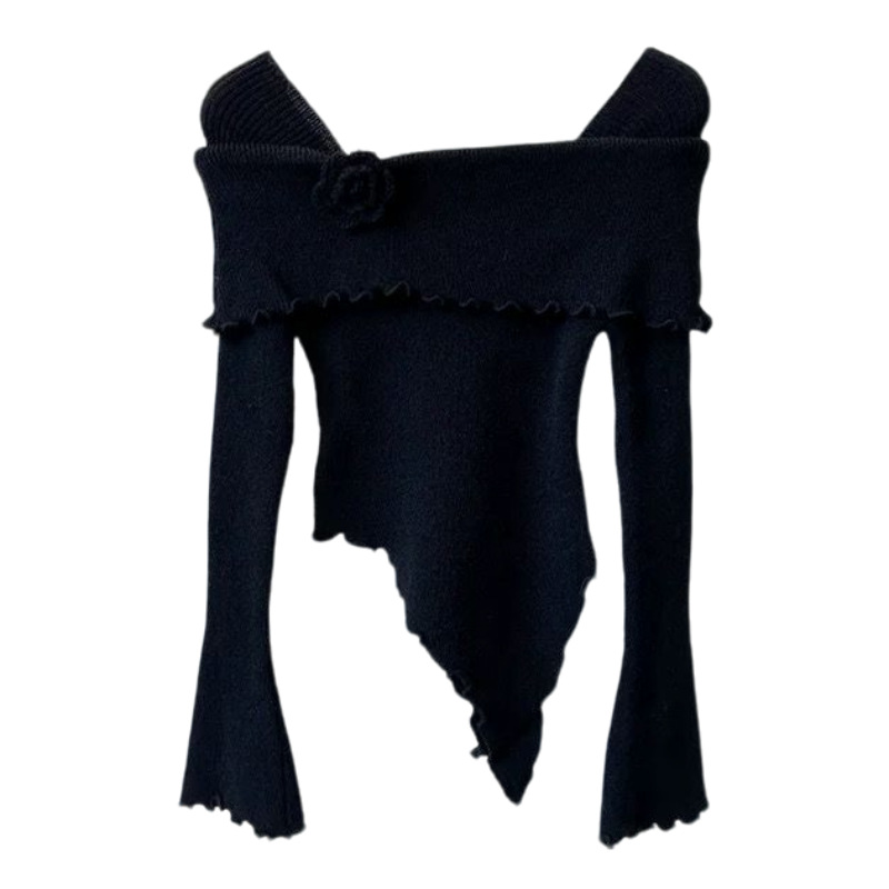 フランス風の気質の木の耳元の立体的な花の一字の肩のニットの上着の修身のセーターの底のシャツの女性は秋冬を掛けます。