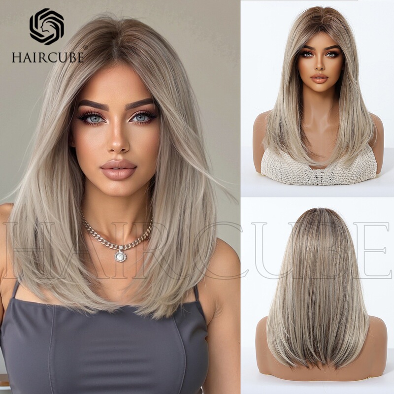 European and American wigs with short hair gradient dyed eight-character bangs short straight hair wigs full head cover high temperature silk head cover wholesale