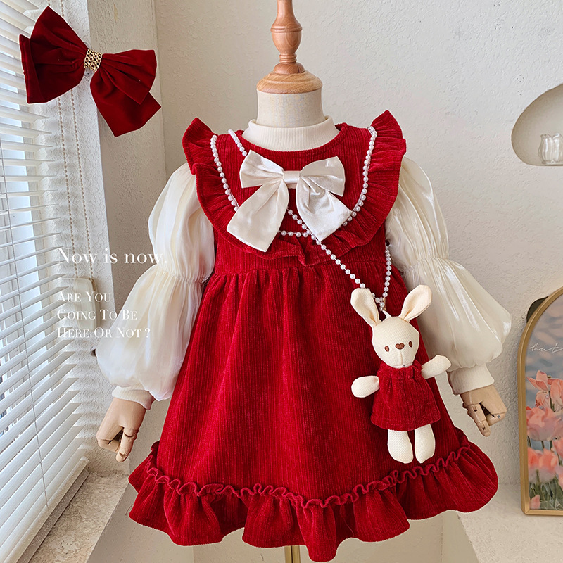 Niñas otoño e invierno conejo colgante traje de base forrado de lana bebé niñas estilo occidental dulce princesa vestido de lana forrado de dos piezas traje de moda