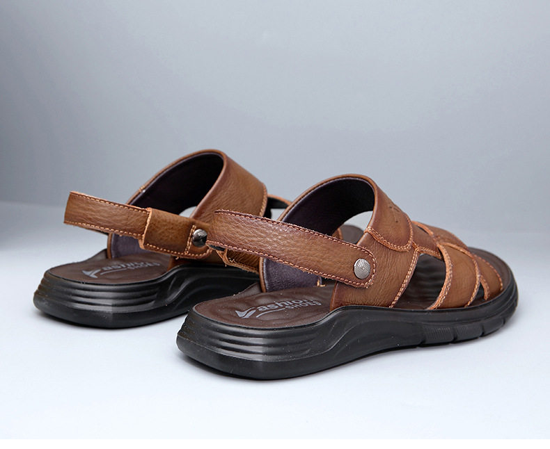 Dép sandal nam da bò hở ngón gót bằng 2,5 cm thoáng khí chống trượt — Kaki, Màu đen chi tiết 18