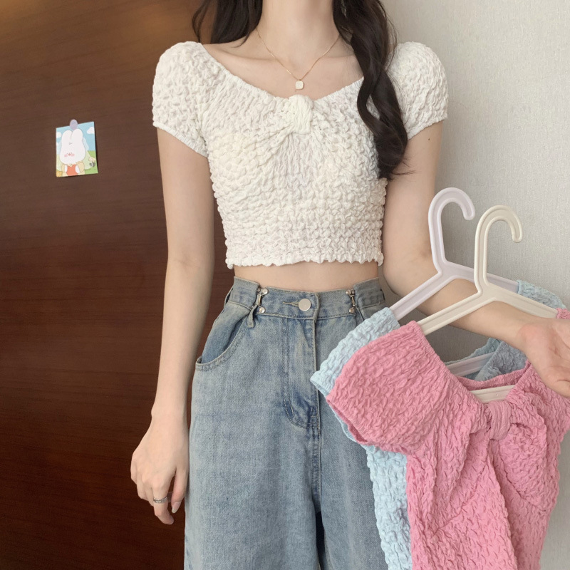 Spot cross-border Southeast Asia summer French fold bow tug short-sleeved foreign fashion Cassero shirt top female tide