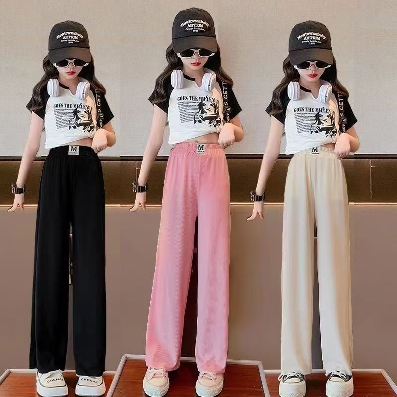 Girls' Cool Drape Wide-Leg Pants Summer Children's Sports Pants Baby Thin Mosquito-Proof Pants for Older Children Summer Wear