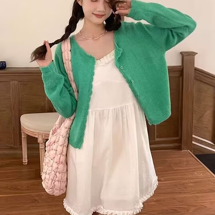 Handmade Crochet Lace Knit Cardigan for Women 2025 Spring Gentle Style Soft Dopamine Versatile Green Sweater Jacket