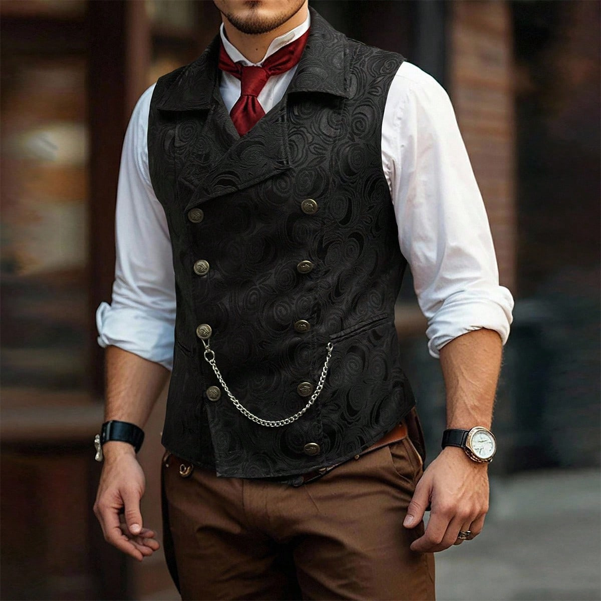 Gilet De Costume Homme Croisé Avec Chaîne Style Européen_voghion.com