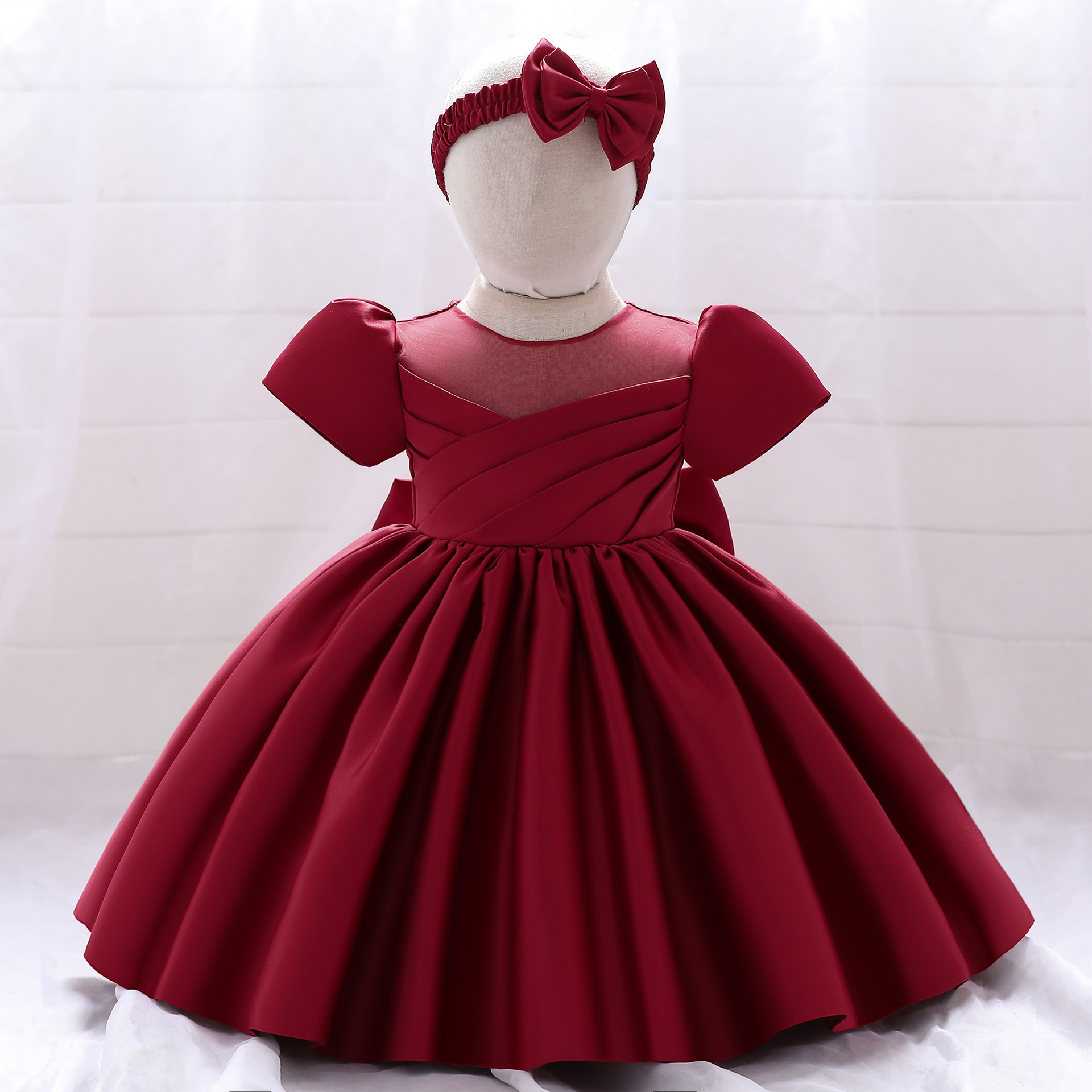 亞馬遜新品短袖兒童禮服裙送髮飾 大蝴蝶結女童生日宴會周歲禮服