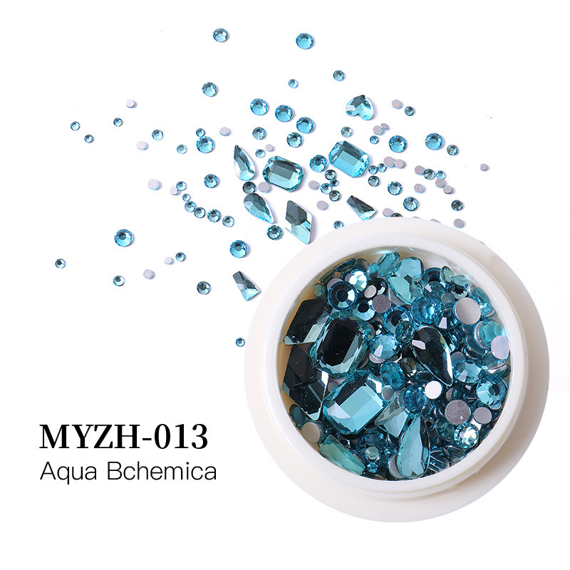 Accesorios de uñas transfronterizos mezclados al por mayor caja redonda de vidrio plano especial en forma de diamante taladro de uñas paquete de material de taladro de uñas al por mayor