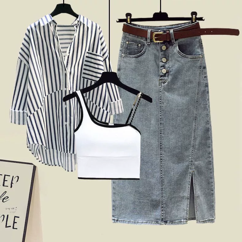 Летний комплект, рубашка, джинсовая юбка, плюс размер, солнцезащита, утягивающий эффект, комплект из 3 предметов