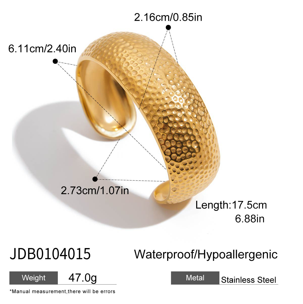 Jeding pulsera de superficie ancha con patrón de martillo de acero inoxidable transfronterizo, joyería que no se desvanece, pulsera de lujo ligero, joyería de mano de acero de titanio