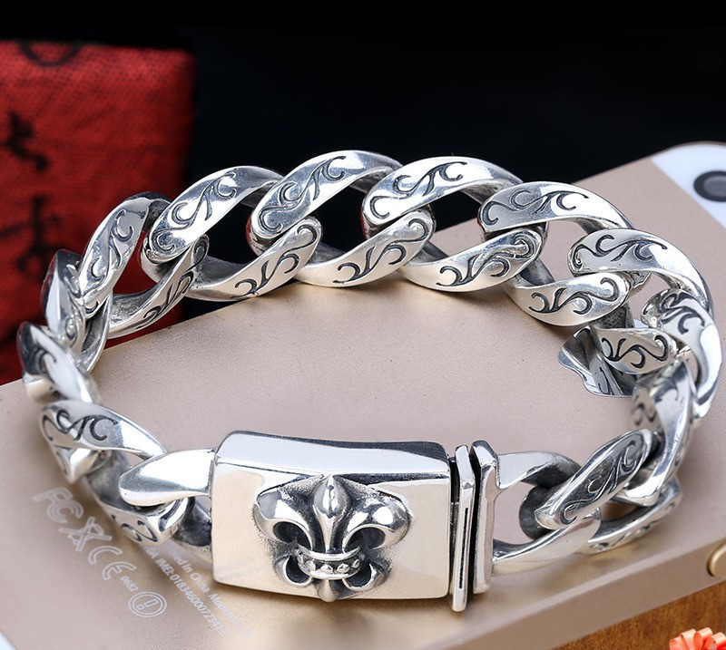 High-end 925 silver men's bracelet Thai silver retro small golden flower pin bracelet hipster hip-hop Korean-style personality Cuba