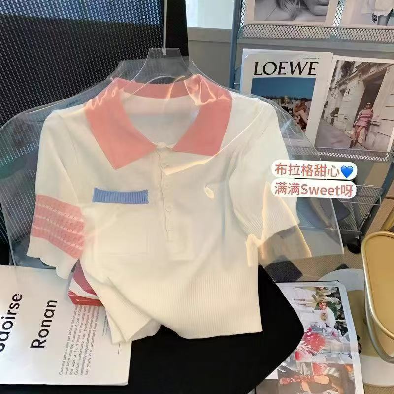 小个子.短袖针织衫女2025夏款POLO领T恤设计感小众翻领上衣休闲