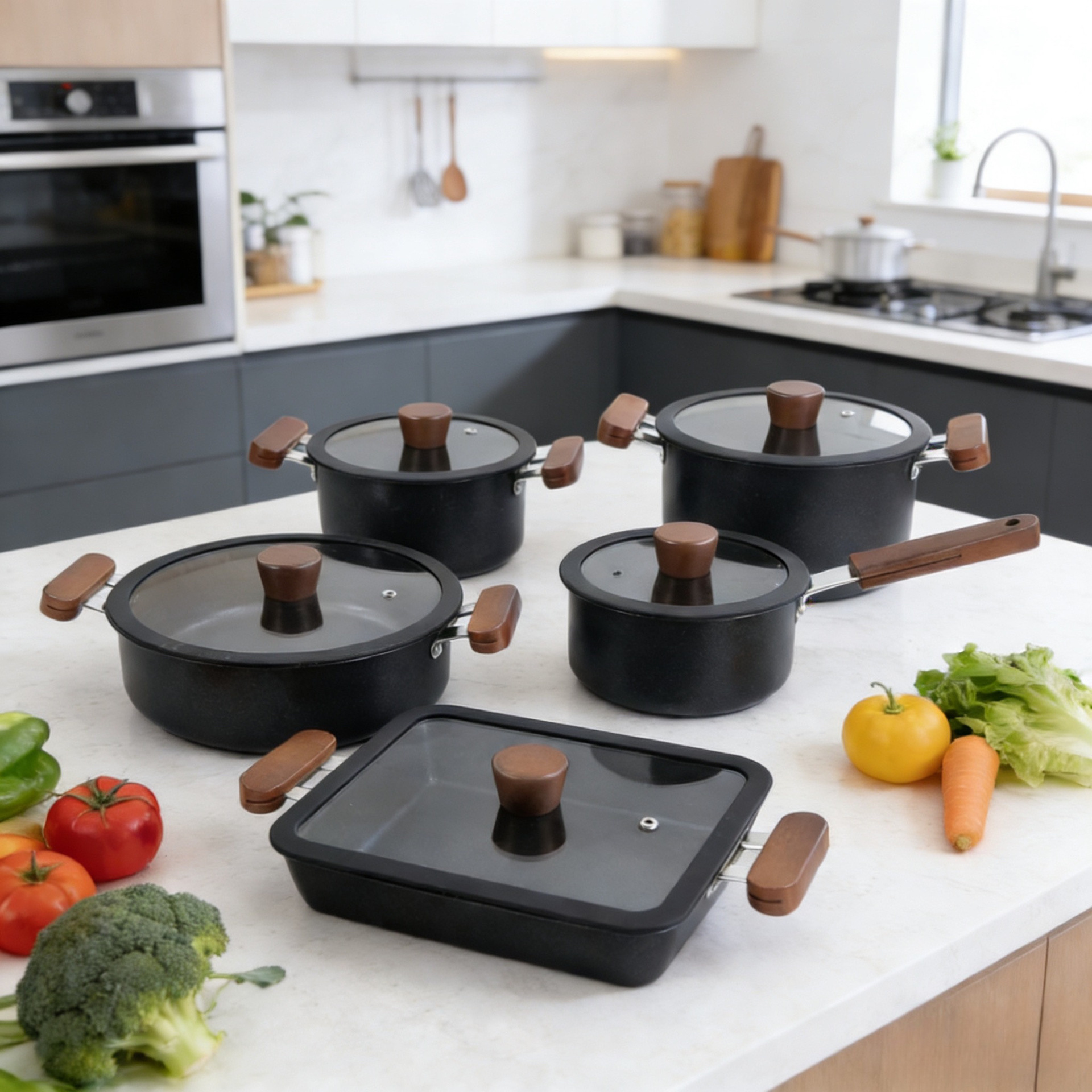Kastrullset i rostfritt stål 10 delar non-stick grytor_voghion.com