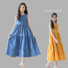 中學生女連衣裙2024夏新款糖果色無袖背心裙中大童沙灘裙長裙
