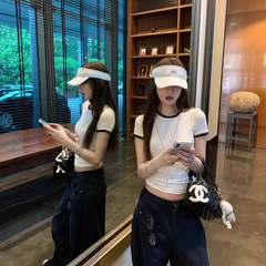 【自家工厂现货】正肩修身T恤撞色刺绣上衣短袖小众女夏