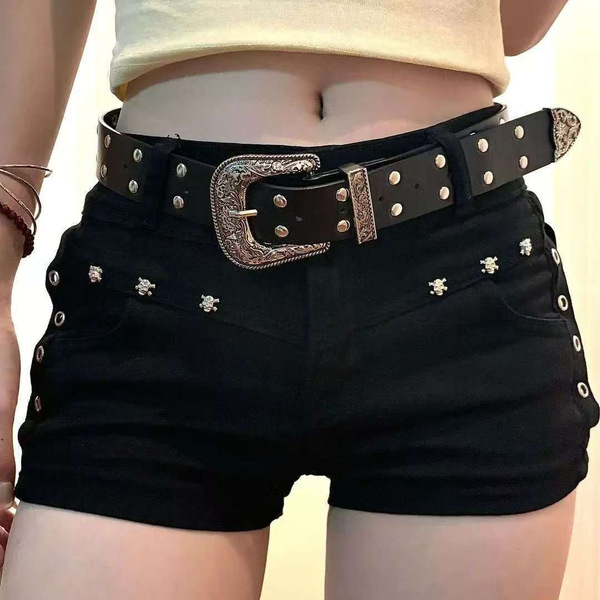 美式辣妹性感ins黑色包臀热辣裤夏款百搭显瘦弹力a字铆钉牛仔短裤