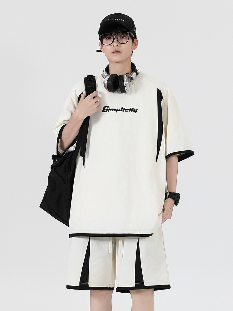 Traje deportivo casual suelto de verano para adolescentes de dos piezas de pantalones cortos de manga corta de moda guapos sueltos