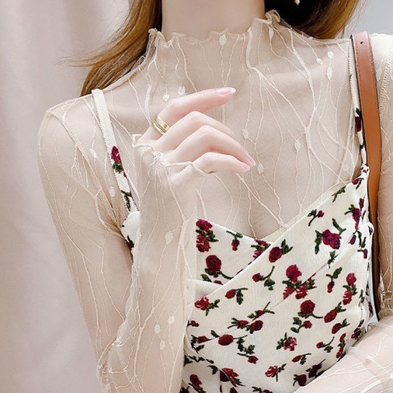 Transparent Mesh Base Shirt Women's Spring and Autumn Long-sleeved Inner Vessel Clothes Western Style High Collar White Lace Top Sexy Tulle
