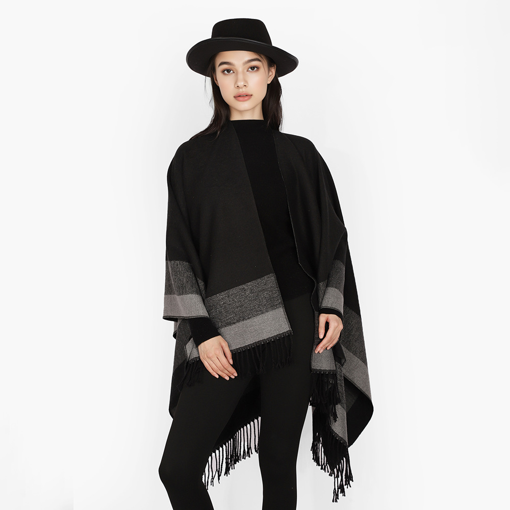 Nuevo chal de hilo hilado con núcleo comercio exterior femenino chal de otoño e invierno bufanda con flecos al por mayor capa de todo fósforo a rayas clásicas de doble uso