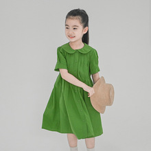 夏季2024新款童装夏装文艺女童绿色裙子百褶娃娃洋气连衣裙