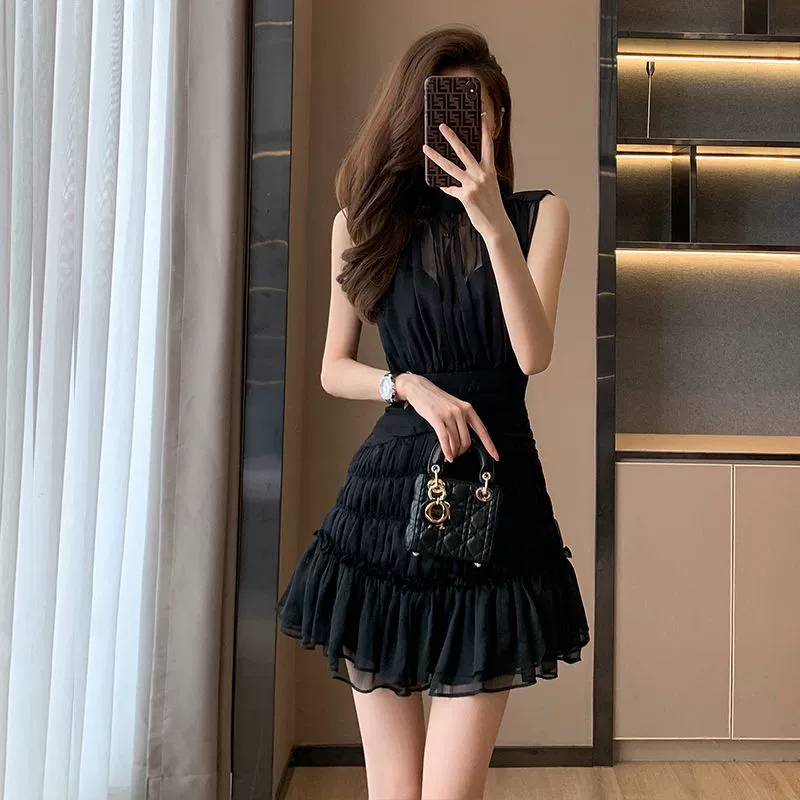 Женское летнее Новое поступление, летнее черное платье в стиле Хепберн во французском стиле, женская летняя юбка-торт в высоком стиле