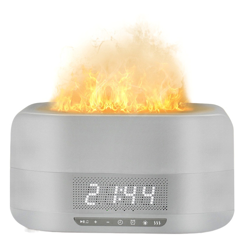 Difusor de Aroma Bluetooth con Llama Simulada, Reloj Colorido, Altavoz Bluetooth, Humidificador de 400 ml para Uso Doméstico