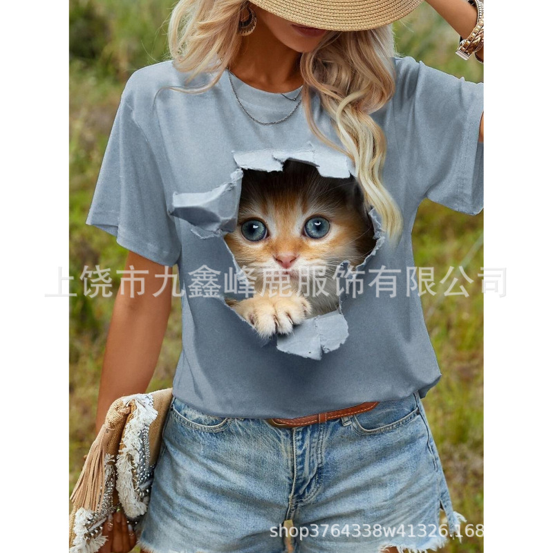 Dropshipping Women's T-Shirt Basic Style Cat Print Round Neck Short Sleeve Regular Top Casual Spring and Summer Dropshipping Women's T-Shirt Basic Style Cat Print Round Neck Short Sleeve Regular Top Casual Spring and Summer